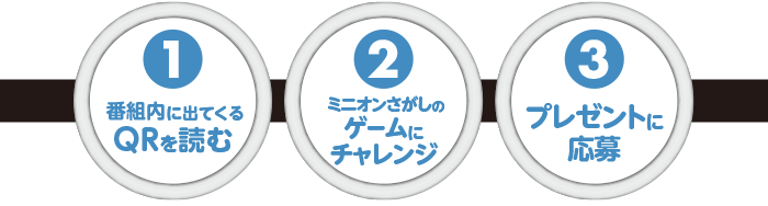 １番組内に出てくるQRを読む ２ミニオンさがしのゲームにチャレンジ ３プレゼントに応募