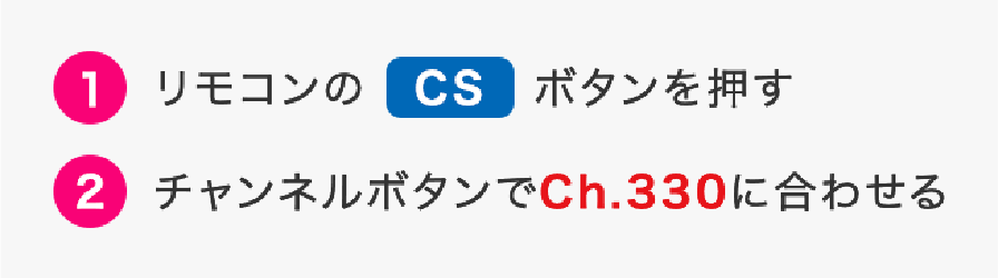 ①リモコンのCSボタンを押す ②チャンネルボタンでCh.330に合わせる